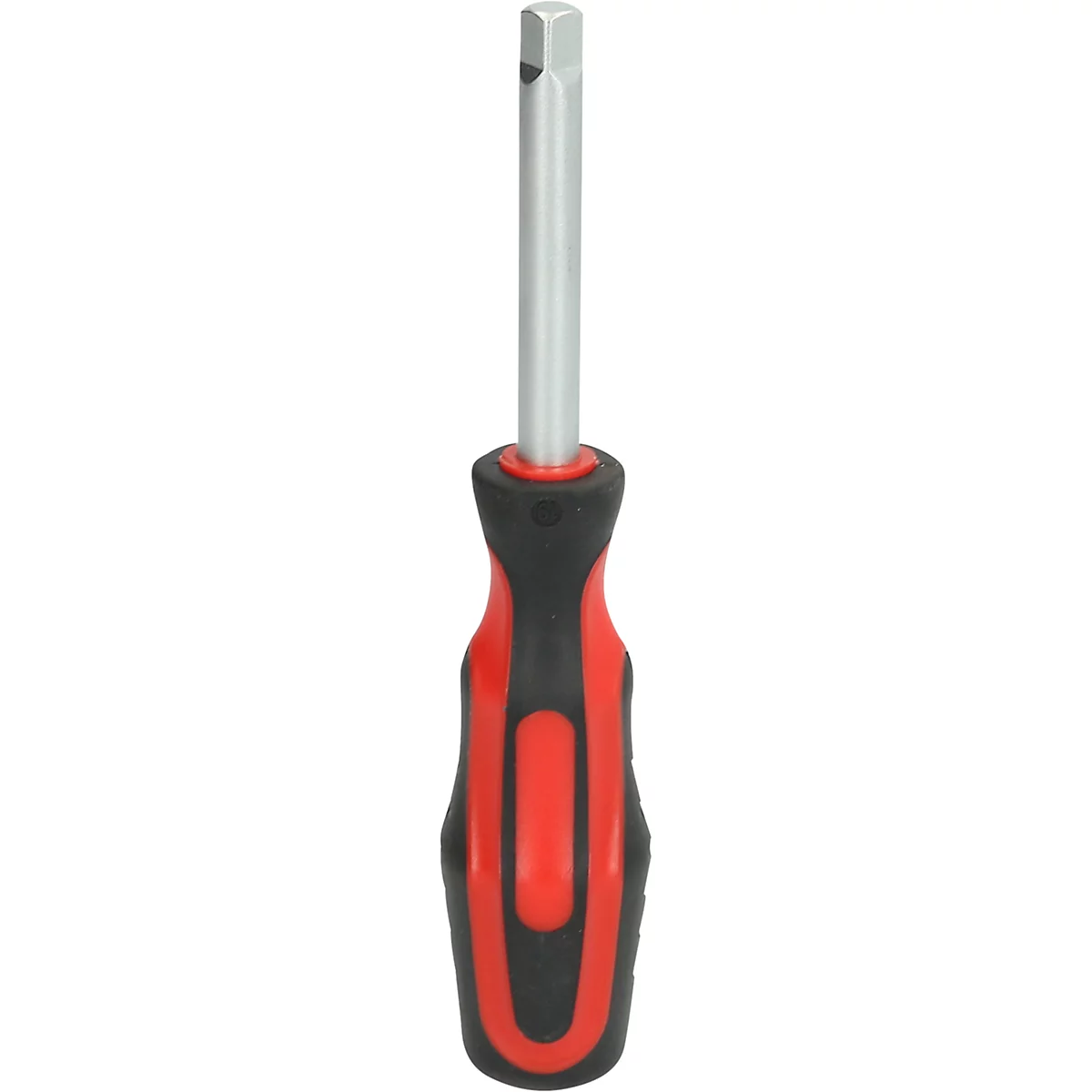 Nahaufnahme eines Schraubendrehers mit rotem und schwarzem Griff und silbernem Schaft.